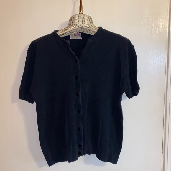 Black Button Down Short Sleeve Sweater - Picture 1 of 5